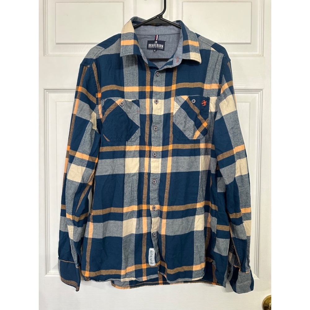 Brakeburn‎ XL Teal Blue Orange Ivory Plaid Flannel Button Up Shirt